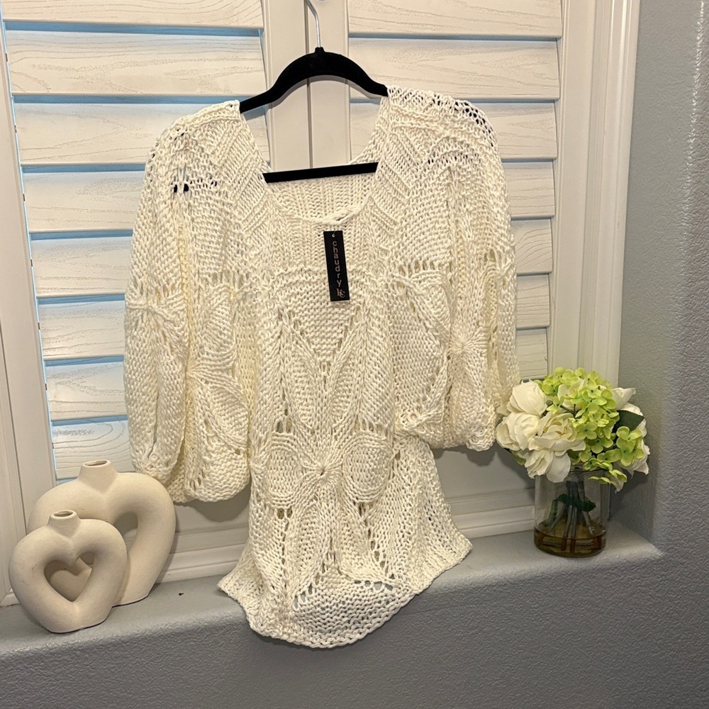 Cream Knit Sweater with Balloon Sleeves